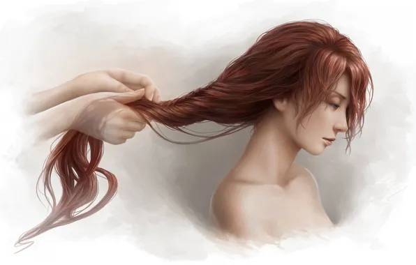 Picture hands, profile, braid, red, shoulders