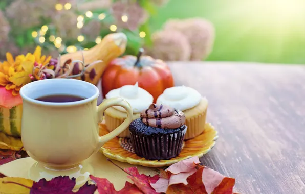 Picture autumn, leaves, table, plate, Cup, pumpkin, drink, vegetables