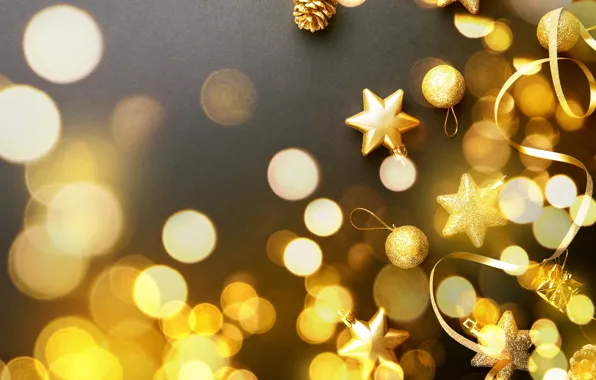 Decoration, balls, New Year, Christmas, golden, black background, black, Christmas