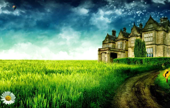 The sky, grass, trees, landscape, castle, chamomile