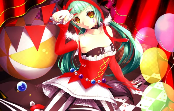 Look, girl, balls, pose, circus, vocaloid, hatsune miku, sitting