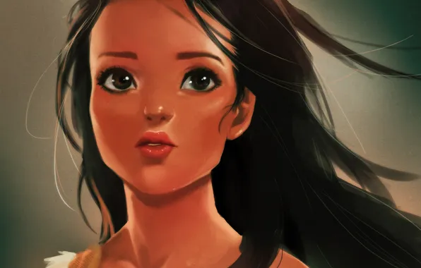 Girl, face, the wind, hair, art, pocahontas, 2d75