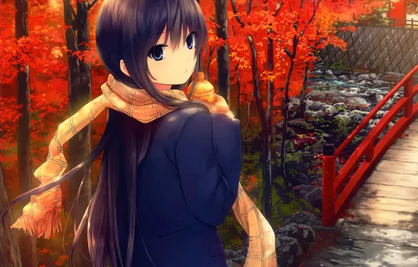 Picture autumn, girl, trees, bridge, nature, anime, scarf, art