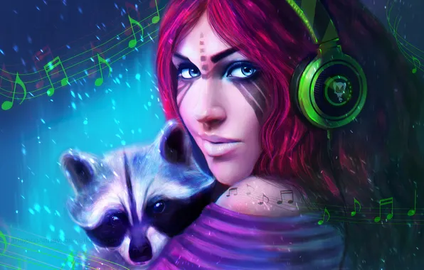 Girl, headphones, raccoon