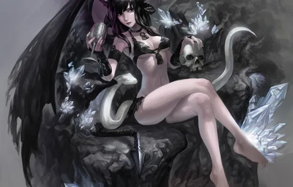 Erotic, look, art, skull, demoness, glass, succubus, Succubus