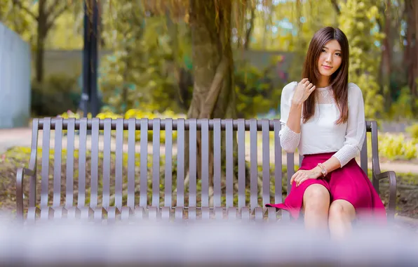 Picture summer, bench, face, stay, skirt, beauty