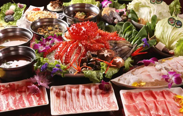 Picture flowers, mushrooms, crab, soup, bacon, salad, shrimp, seafood
