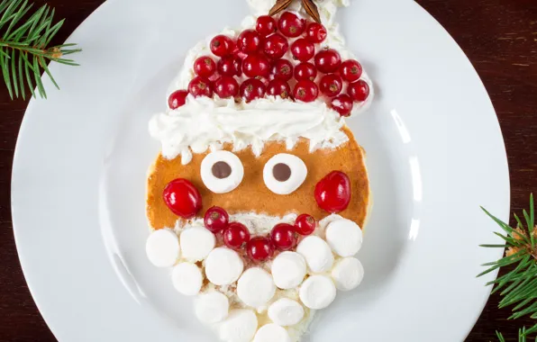 Berries, smile, New year, Christmas, pancakes, cream, dessert, currants