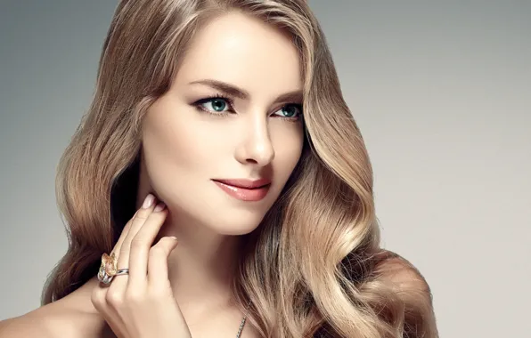 Girl, face, portrait, hands, makeup, ring, hairstyle, blue eyes