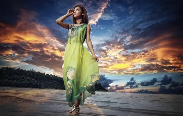 Picture sea, girl, sunset