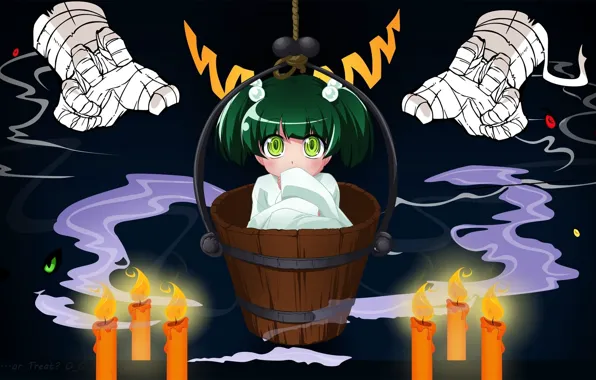 Fright, candles, hands, bucket, halloween, green hair, touhou, burning eyes