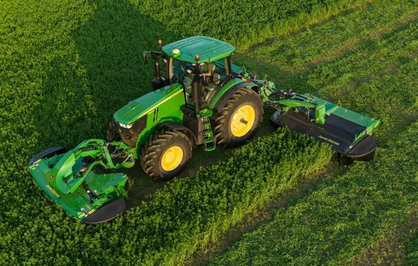 Grass, work, tractor, cabin, wheel, John Deere, lawn mower, agricultural machinery