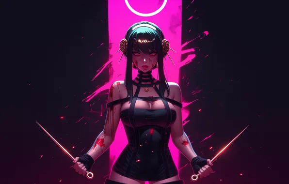 Pink, anime, art, neon, spy x family, yor forger, The spy's family, jor forger