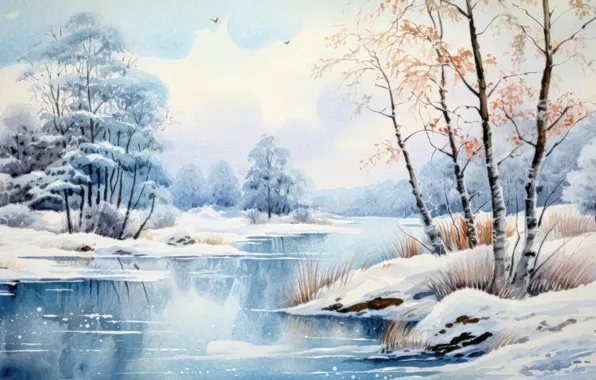 Picture picture, canvas, snow, winter, AI art, nature, trees, shore