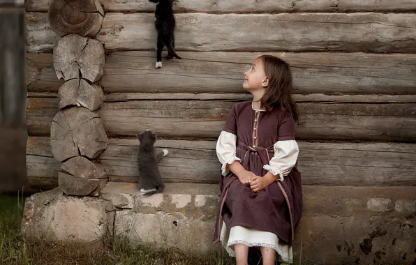 Picture animals, wall, girl, kittens, child, hut, Alexander Kalinin