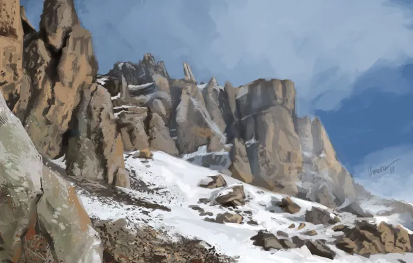 Cold, snow, mountains, stones, rocks, art
