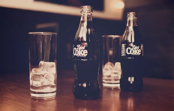 Ice, glasses, bottle, drink, soda, coke