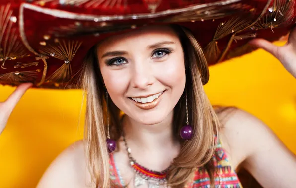 Picture girl, smile, lips, direct gaze, mexican hat