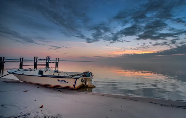 Sea, landscape, sunset, boat