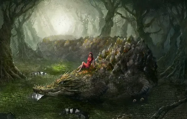 Picture forest, girl, crocodile, jungle, swamp thing