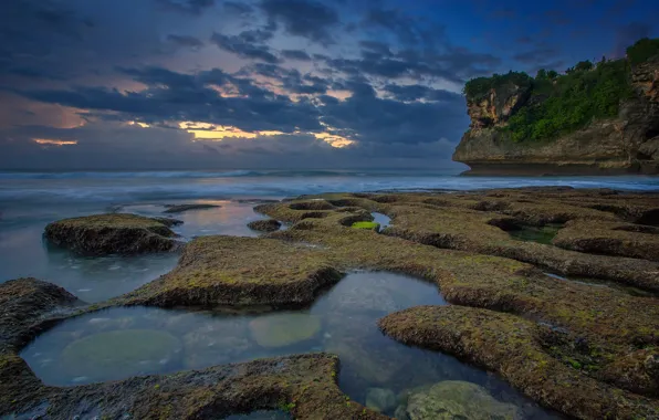 Sea, clouds, rock, Bali, Indonesia