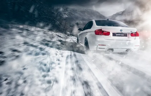 BMW, Car, Speed, Snow, White, Sport, Road, Rear