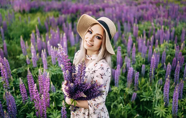 Girl, sweetheart, model, Flowers, Field, Smile, blonde, Wallpaper