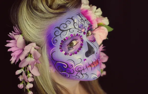 Picture look, girl, flowers, face, hair, paint, day of the dead, day of the dead