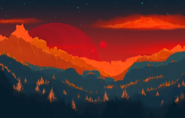 Mountains, Forest, Planet, View, Planet, Fantasy, Landscape, Planets