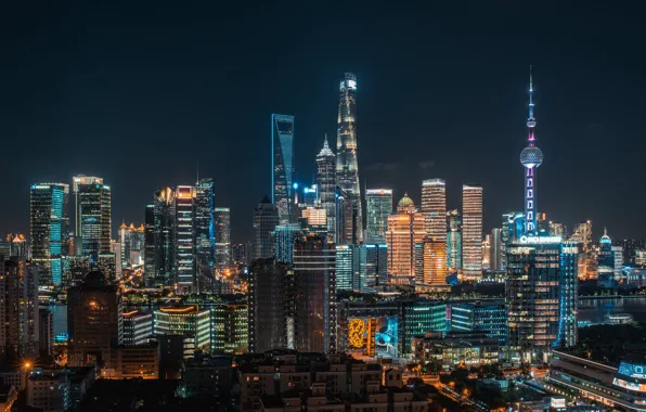 Night, the city, lights, building, home, skyscrapers, China, Asia