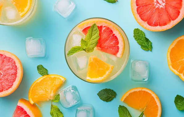 Glass, glass, ice, oranges, cocktail, drink, mint, blue background