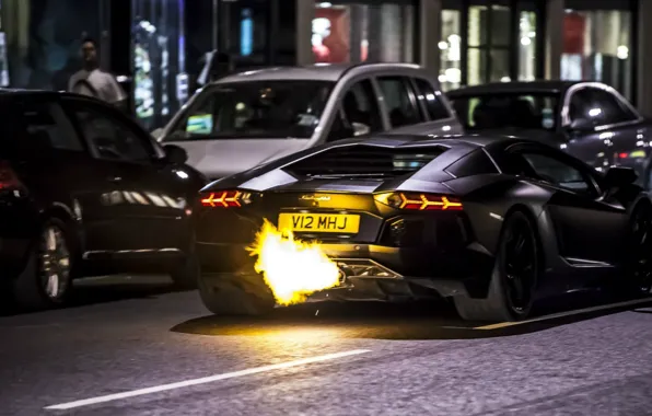 Lamborghini, fire, black, Aventador, LP 700-4