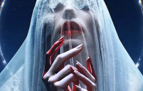 HANDS, BLOOD, FACE, FINGERS, HALO, VEIL