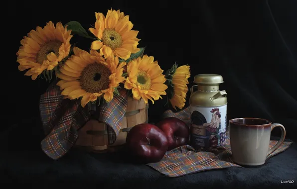 Wallpaper sunflowers, apples, Cup, dishes, still life