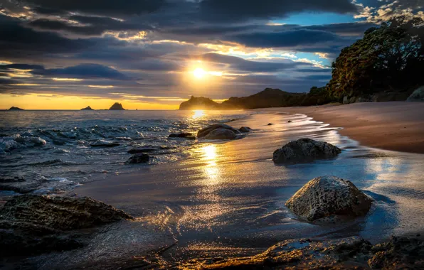 Picture sand, sea, beach, the sky, the sun, clouds, trees, sunset