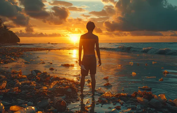 The sun, Clouds, Sea, Dawn, Guy, Coast, Digital art, AI art