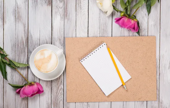 Picture coffee, buds, wood, pink, flowers, romantic, peonies, peonies