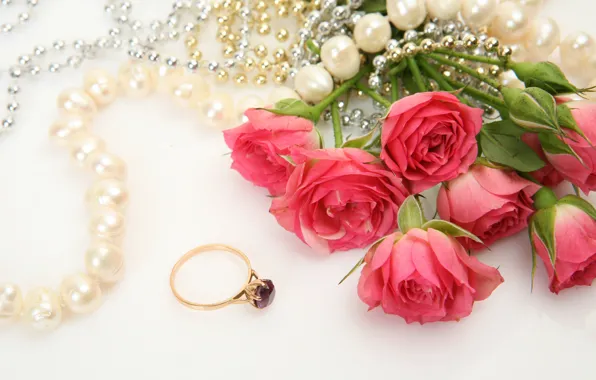 Decoration, roses, bouquet, ring, beads