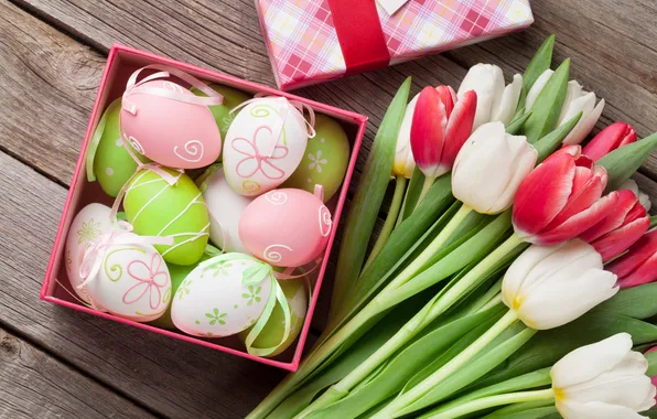 Flowers, eggs, spring, colorful, Easter, tulips, red, happy
