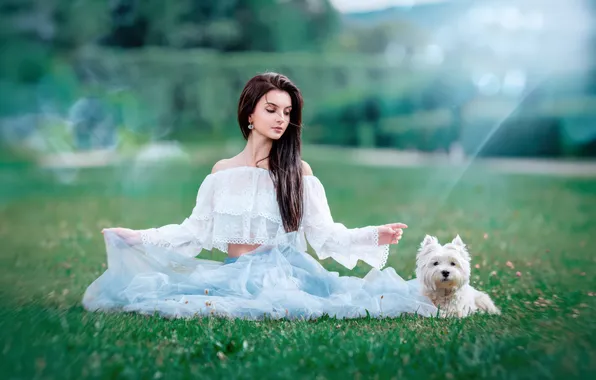 White, grass, woman, dog