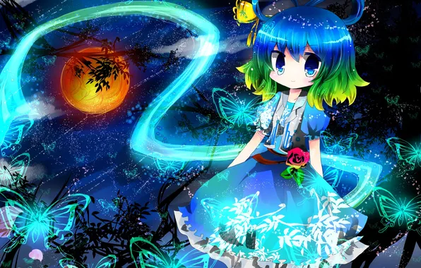 Stars, clouds, trees, butterfly, night, the moon, art, girl