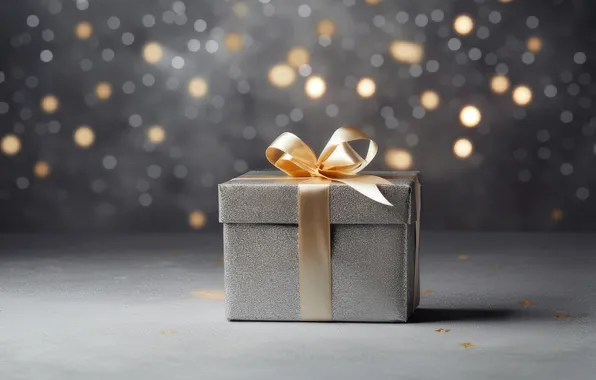Lights, box, gift, Christmas, New year, grey, grey background, bow