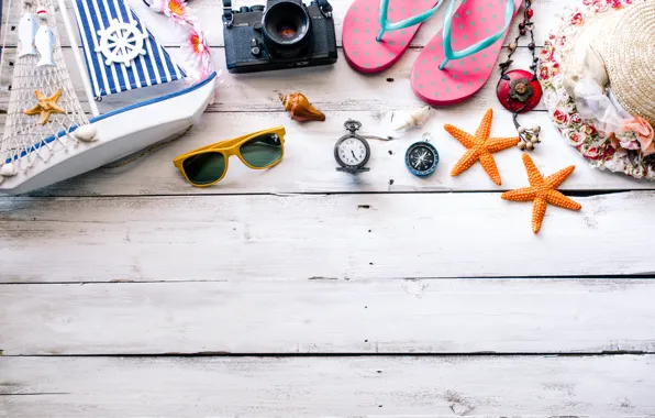 Beach, summer, Sea, Ship, glasses, starfish, slates