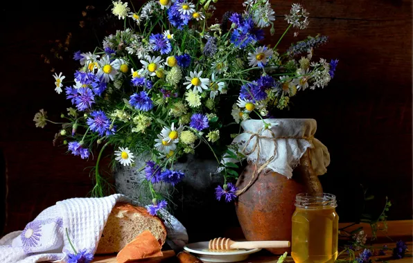 Flowers, style, retro, chamomile, towel, bouquet, plate, bread