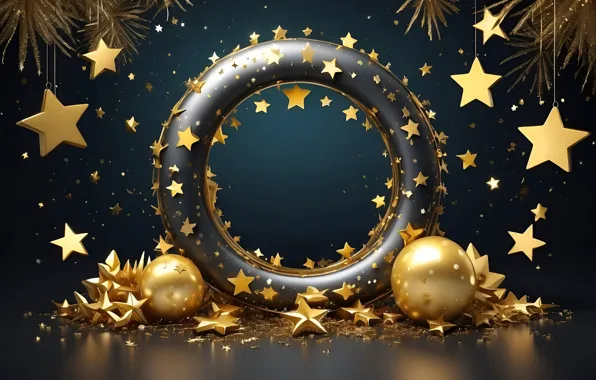 Stars, balls, branches, the dark background, table, gold, Shine, round