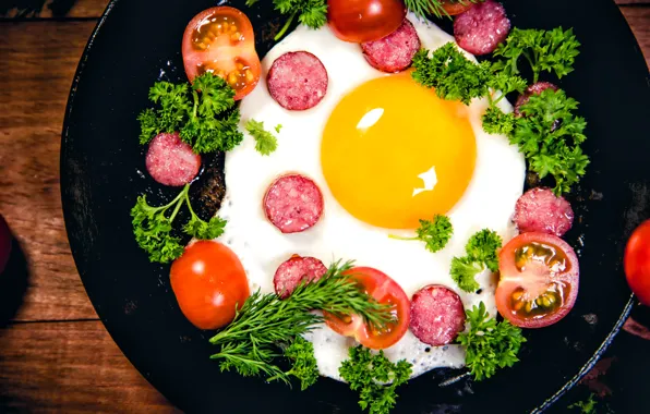 Greens, egg, tomatoes, parsley, sausage, Tomatoes, Sausage, omelette