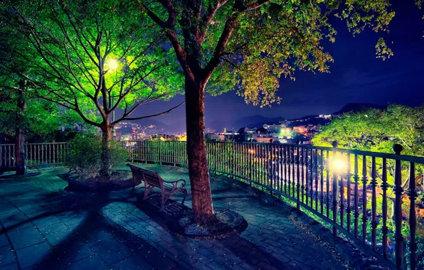 Bench, lights, night view, lookout