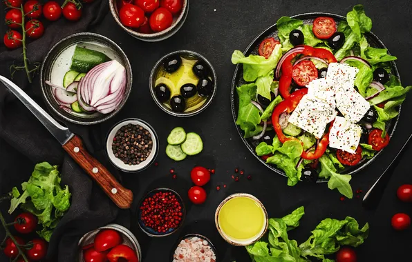 Greens, the dark background, table, food, bow, plate, knife, vegetables
