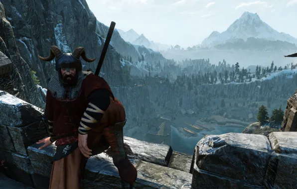 Mountains, Castle, Warrior, Helmet, Horns, The Witcher, The Witcher, The Witcher 3 Wild Hunt