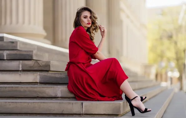 Girl, pose, ladder, stage, red dress, Andreas-Joachim Lins, Lea He